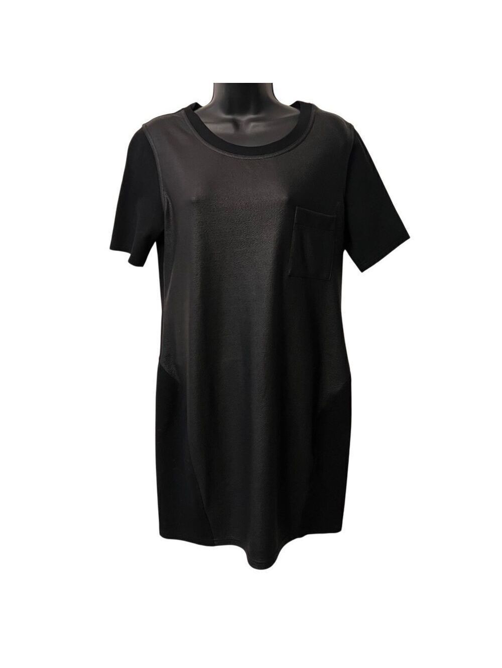 BCBGMaxAzria Faux Leather Tee Shirt Dress Mixed Media Crewneck Black Stretch L